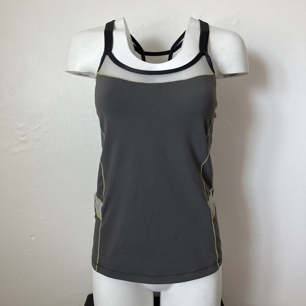 ALO Built-In Bra Athletic Race Back Top Womens M Gray/Black/Green/Mesh Accent